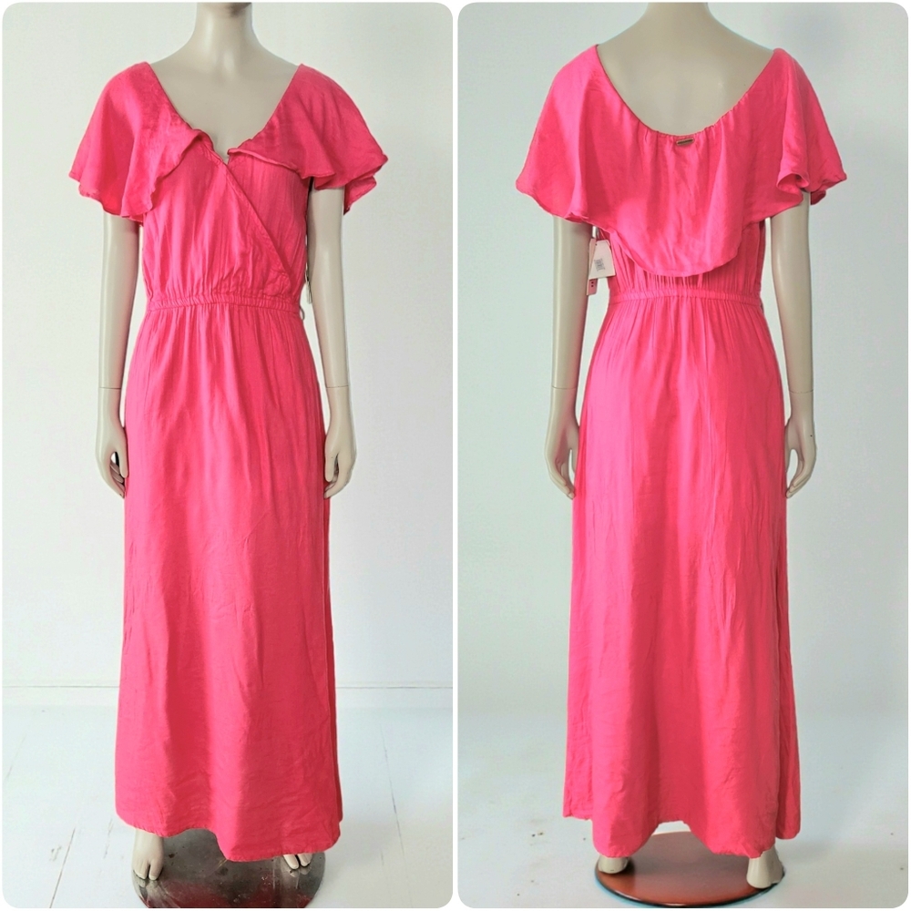 Billabong Maxi Shawl Collar Sundress Hot Pink Womens M Cotton Modal Sleeveless